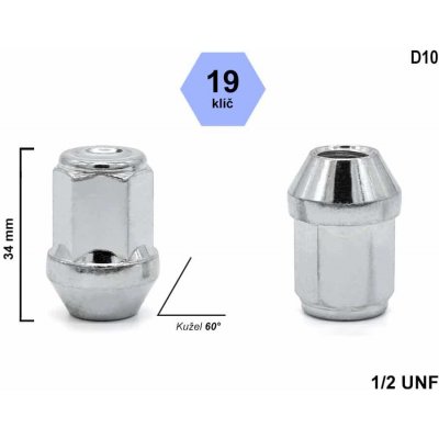 Kolová matice 1/2 UNF, kužel zavřená, klíč 19mm, D10, výška 34 mm – Zboží Mobilmania