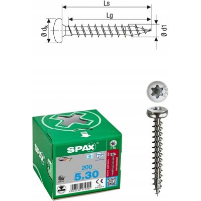 SPAX půlkulatá hlava 5.0x 30 plný závit TX20 nerez.ocel A2, s certifikátem (200 ks) – Hledejceny.cz