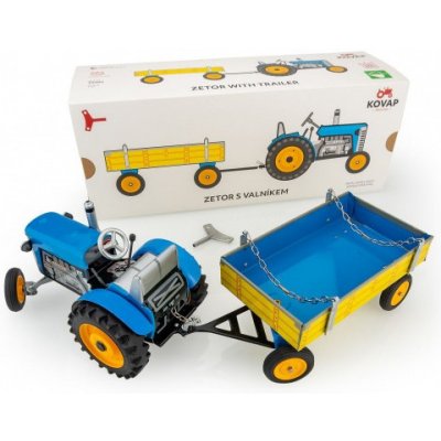 Kovap Traktor Zetor s valníkem modrý na klíček kov v krabičce 32x13x11cm Kovap 95839202XG 1:25
