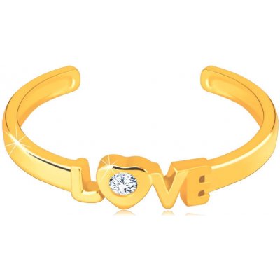 Šperky Eshop Prsten ze žlutého zlata s otevřenými rameny nápis Love kulatý čirý zirkon v srdíčku S4GG246.43 – Zboží Mobilmania