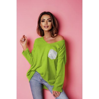 Fashionweek Dámský měkký lehký volný svetr lesklá kapsa NB10114 Limonka – Zboží Mobilmania