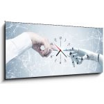 Obraz s hodinami 1D panorama - 120 x 50 cm - Human and robot hands reaching out, network Lidské a robotické ruce natahující ruku, síť – Hledejceny.cz