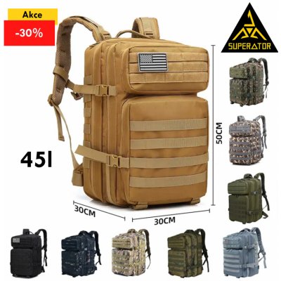 Taktický vojenský batoh 45l, kvalitní, voděodolný, outdoor. Nášivka vlajka USA je součástí. Velcro patch 3D. Barva: Khaki
