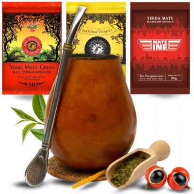 SADA YERBA MATE VELKÁ Přírodní KALABASA bombilla naběračka 3x50g různé příchutě – Zboží Mobilmania