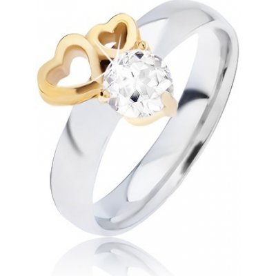 Šperky eshop lesklý ocelový prsten se zlatými obrysy srdcí a čirým zirkonem L13.05
