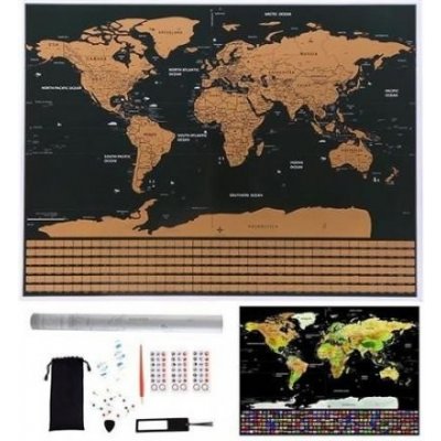 Velká Stírací mapa světa s vlajkami Deluxe 82 x 59 cm s příslušenstvím černá – Zboží Mobilmania