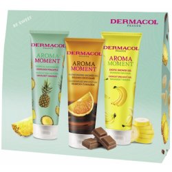 Dermacol Aroma Moment sprchový gel Ananas 250 ml + sprchový gel Banán 250 ml + sprchový gel Belgická čokoláda 250 ml, kosmetická sada pro ženy