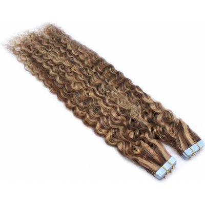 50cm Tape hair pu extension Tape in lidské vlasy remy kudrnaté tmavý melír – Zboží Dáma