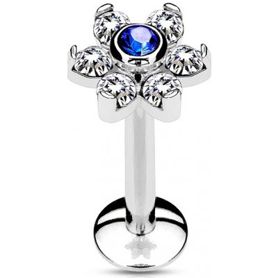 Šperky4U piercing do brady labreta kytička modrý/čiré kamínky LB1075-1206