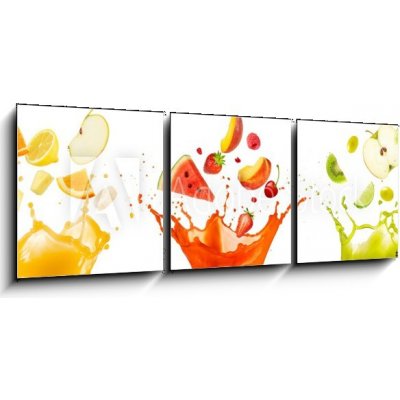 Obraz 3D třídílný - 150 x 50 cm - mixed fruit falling into juices splashing on white background smíšené ovoce spadající do šťávy stříkající na bílém pozadí – Zboží Mobilmania