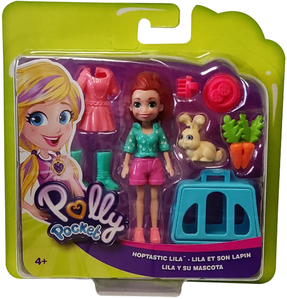 Mattel Polly Pocket figurka Fialová s růžovými kalhotami a tyrkysovou košilí s králíky