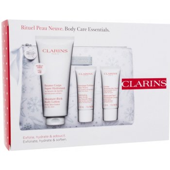 Clarins Body Care Essentials tělové mléko Moisture-Rich Body Lotion 200 ml + tělový peeling 30 ml + krém na ruce Hand and Nail Treatment Cream 30 ml + kosmetická taštička dárková sada