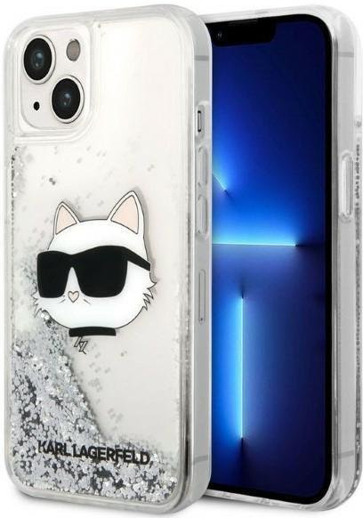 Pouzdro Karl Lagerfeld iPhone 14 Pro Glitter Choupette Head stříbrné