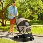 PawHut kočárek pro psy kočárek pro malé psy a kočky kočárek pro kočky Oxford světle hnědý 76,5 x 52 x 95 cm – Zboží Mobilmania