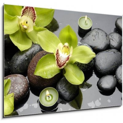 Obraz 1D - 100 x 70 cm - therapy stones and orchid flower with water drops léčivé kameny a orchidejové květiny s vodními kapkami – Zboží Mobilmania