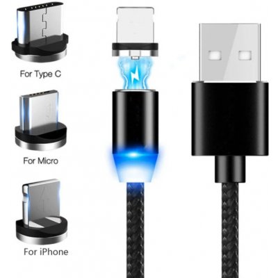 LED Magnetic nabíjecí kabel 3in1 s vyměnitelnými konektory Lightning, USB C a Micro USB, 1m/2m Délka: 2m – Zboží Živě