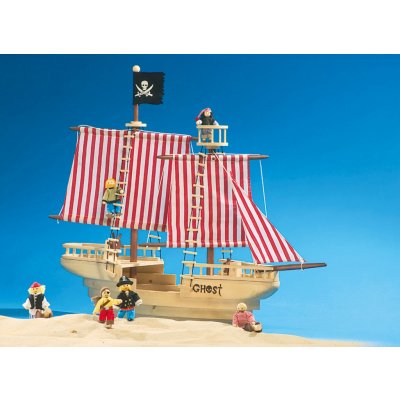 Small Foot dřevěná pirátská loď s pruhovanými plachtami