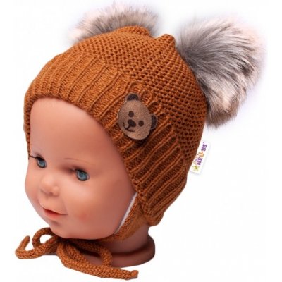 BABY NELLYS Zimní čepice s fleecem Teddy Bear chlupáčk. bambulky hnědá šedá – Zboží Mobilmania