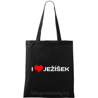 Černá nákupní taška s potiskem I LOVE JEŽÍŠEK z kolekce Milujemedarky.cz