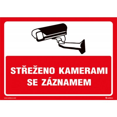 Walteco Střeženo kamerami se záznamem (červená), 297x210mm, formát A4, plastová tabulka , 20040