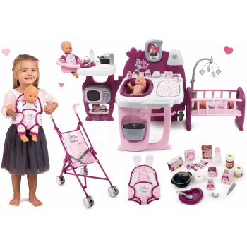 Smoby Set domček pre bábiku Violette Baby Nurse Large Doll's Play Center Smoby a kočík golfky s bábikou a ergonomickým nosičom SM220349-21