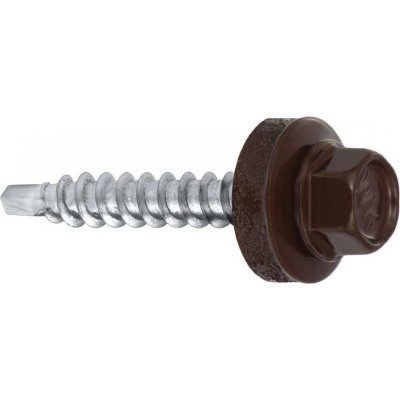 Samořezný střešní farmářský šroub KLIMAS 4,8 x 35 SW8 RAL 8017 Čokoládově hnědý s podložkou EPDM (250 ks/bal) – HobbyKompas.cz
