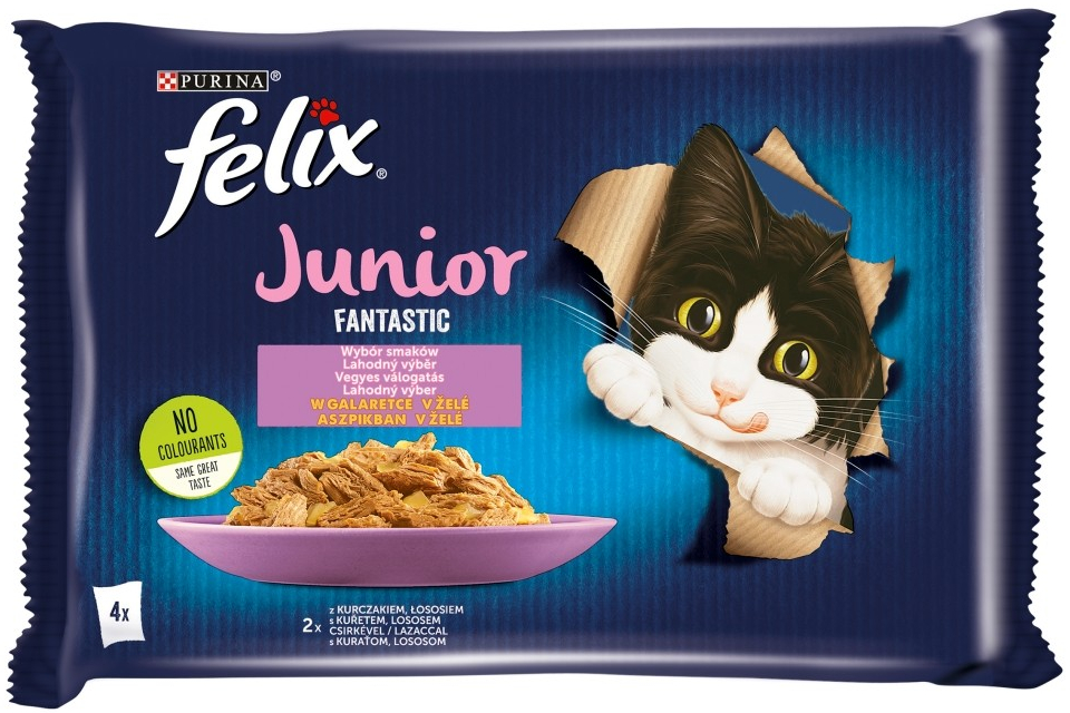 Felix Fantastic Junior lahodný výběr v želé s kuřetem a lososem 12 x 4 x 85 g