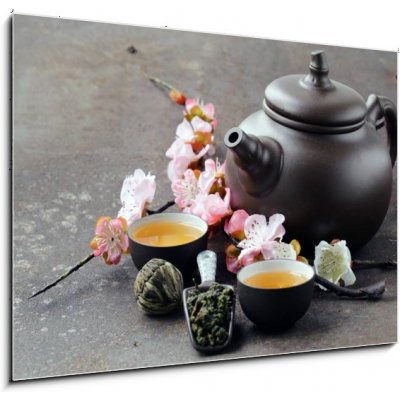 Obraz 1D - 100 x 70 cm - tea set (teapot, cups and different green tea) čajová souprava (čajová konvice, šálky a různé zelené čaje)