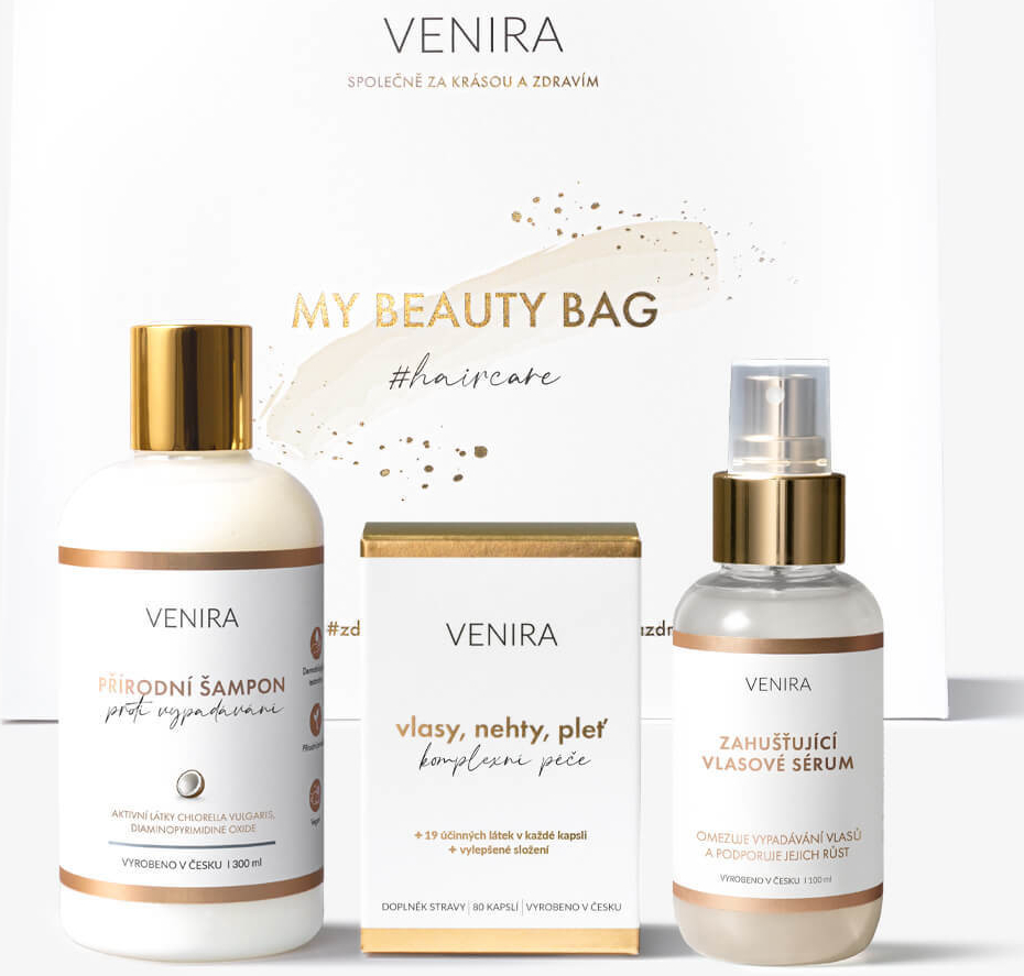 Venira Beauty Bag proti vypadávání vlasů + kapsle pro vlasy 80 kapslí + šampon proti vypadávání 300 ml + zahušťující vlasové sérum 100 ml