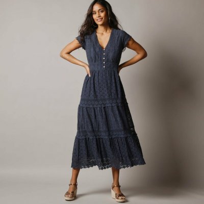 Dlouhé krajkové šaty tm.modrá – Zboží Dáma