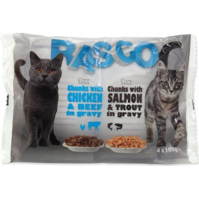 Rasco Cat s lososem & pstruhem s kuřecím & hovězím 4 x 100 g – Zbozi.Blesk.cz