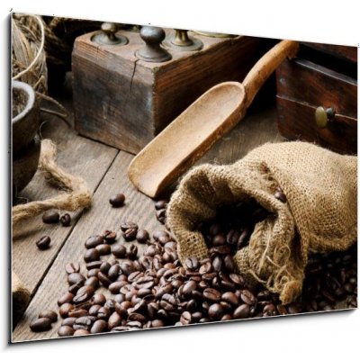 Obraz 1D - 100 x 70 cm - Roasted coffee beans in vintage setting Pečená kávová zrna v vinobraní – Zboží Mobilmania