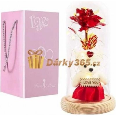 VALENTÝN - Věčná LED růže ve skle s medvídkem – Zbozi.Blesk.cz