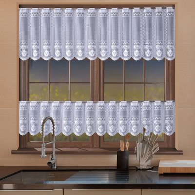 Berk žakárová vitrážová záclona KUCHYŃKA 2329, čajové konvičky s bordurou, bílá, výška 45cm (v metráži) – Zboží Mobilmania