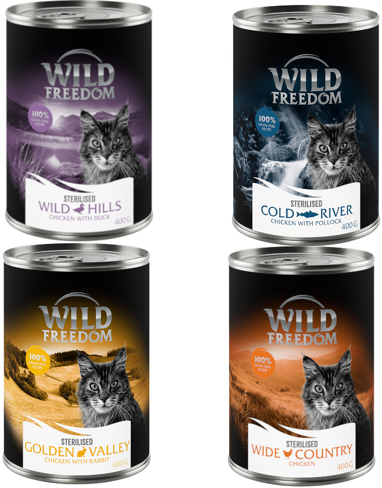 Wild Freedom Adult Sterilised bez obilovin míchané balení 2x kuře 2x kuře a treska 1x kuře a králík 1x kuře a kachna 6 x 0,4 kg