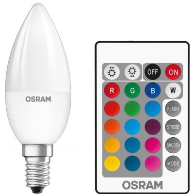 Osram LED žárovka svíčka RGBW, 4,2 W, 250 lm, RGB, teplá bílá, E14 LED STAR+ CL B RGBWFR 25 DIM REM CO – Zboží Mobilmania