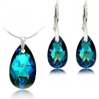 Swarovski Elements Pear Stříbrná sada set souprava náušnice a přívěsek s řetízkem modrá slzička kapka 39169.4 Bermuda Blue modrá mořská duhová měňavá – Zbozi.Blesk.cz