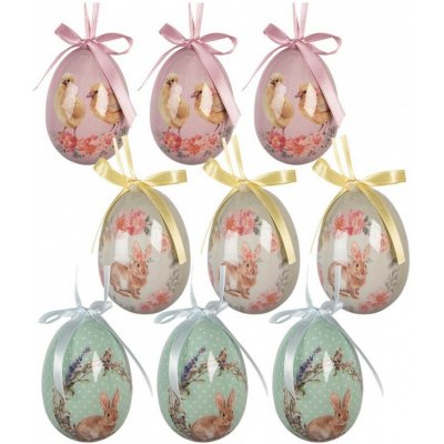 Clayre & Eef 9ks dekorace barevné závěsné vajíčko s králíčky a kuřátky Spring Egg - Ø 5*8 cm – Hledejceny.cz