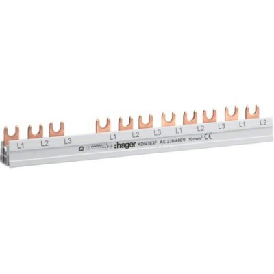 Hřebenová přípojnice 3P, 10mm²/12mod. pro 4-pól. chránič s 8 ks 1-pól. jističů KDN363F HAGER – Hledejceny.cz