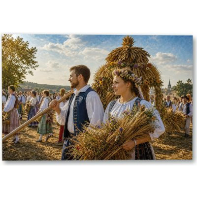 Plakát – Lidé v krojích se snopy obilí Bez rámu Ne Bez rámu 30 × 20 cm – Hledejceny.cz