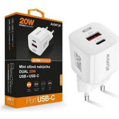 Chytrá mini síťová nabíječka ALIGATOR Power Delivery 20W, USB-C + USB-A, bílá – Zbozi.Blesk.cz