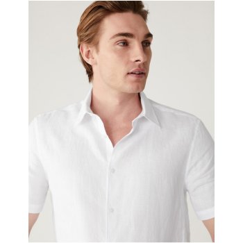 Marks & Spencer pánská lněná košile s krátkým rukávem bílá