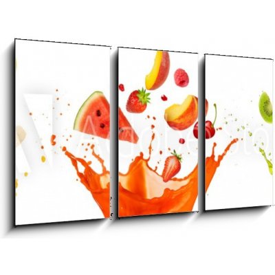 Obraz 3D třídílný - 90 x 50 cm - mixed fruit falling into juices splashing on white background smíšené ovoce spadající do šťávy stříkající na bílém pozadí – Zboží Mobilmania