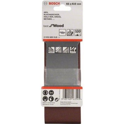 3x Brusný pás - brusivo pro pásové brusky Bosch Best for Wood and Paint X440 65x410mm, zr. 100, pro brusky AEG, Black & Decker, Holz-Her, Kress a Metabo (