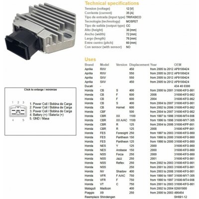 DZE regulátor napětí HONDA CB 600F 02-06; CBF 500 04-07; CBR 1100XX 96-98; FES 125/150/250 97-03; NES 125/150/250 01-03; VFR 750F/A/AC 90-97; APRILIA; MALAGUTI;PIAGGIO (35A) (31600-MY7-305) - nahrazuj | Zboží Auto