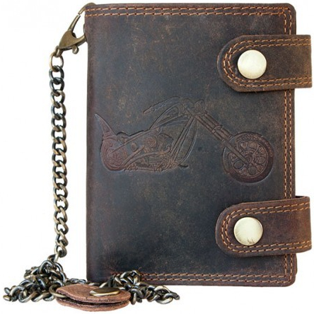Kožená peněženka s motorkou se dvěma upínkami a 45 cm dlouhým kovovým řetězem a karabinkou s ochranou dat na kartách