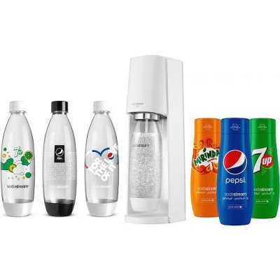 SodaStream Terra White + láhve FUSE 3 x 1l + Sirup Pepsi 440 ml + Sirup Mirinda 440 ml + Sirup 7UP 440 ml – Hledejceny.cz