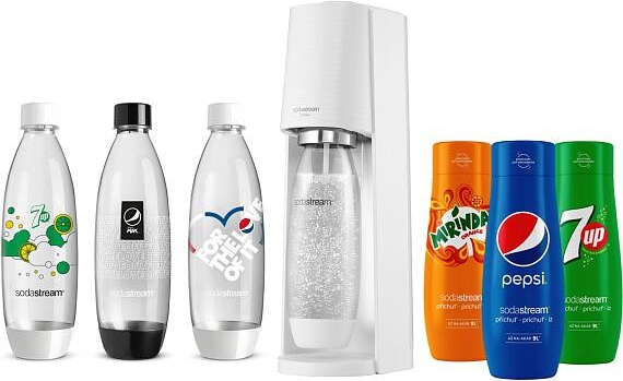 SodaStream Terra White + láhve FUSE 3 x 1l + Sirup Pepsi 440 ml + Sirup Mirinda 440 ml + Sirup 7UP 440 ml