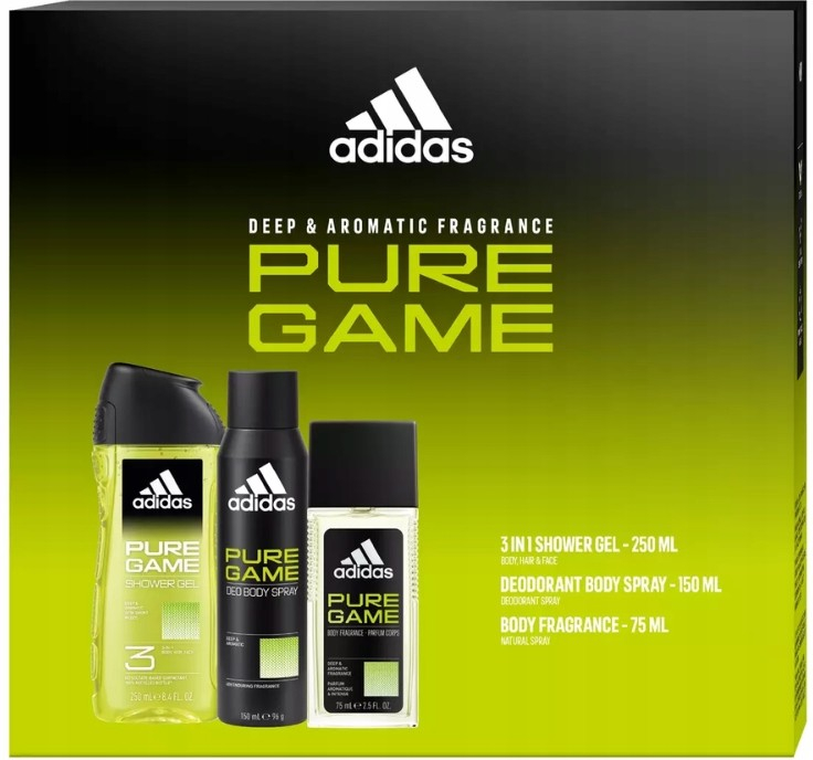 Adidas Pure Game deodorant s rozprašovačem 75 ml + deodorant ve spreji 150 ml + sprchový gel 250 ml