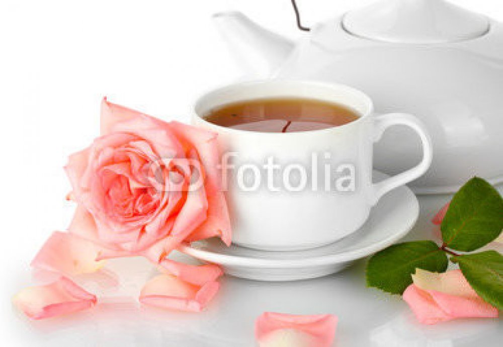 WEBLUX 45798978 Fototapeta plátno teapot and cup of tea with rose isolated  on white čajová konvice a šálek čaje s růží izolovaných na bílém, rozměry  174 x 120 cm | Srovnanicen.cz